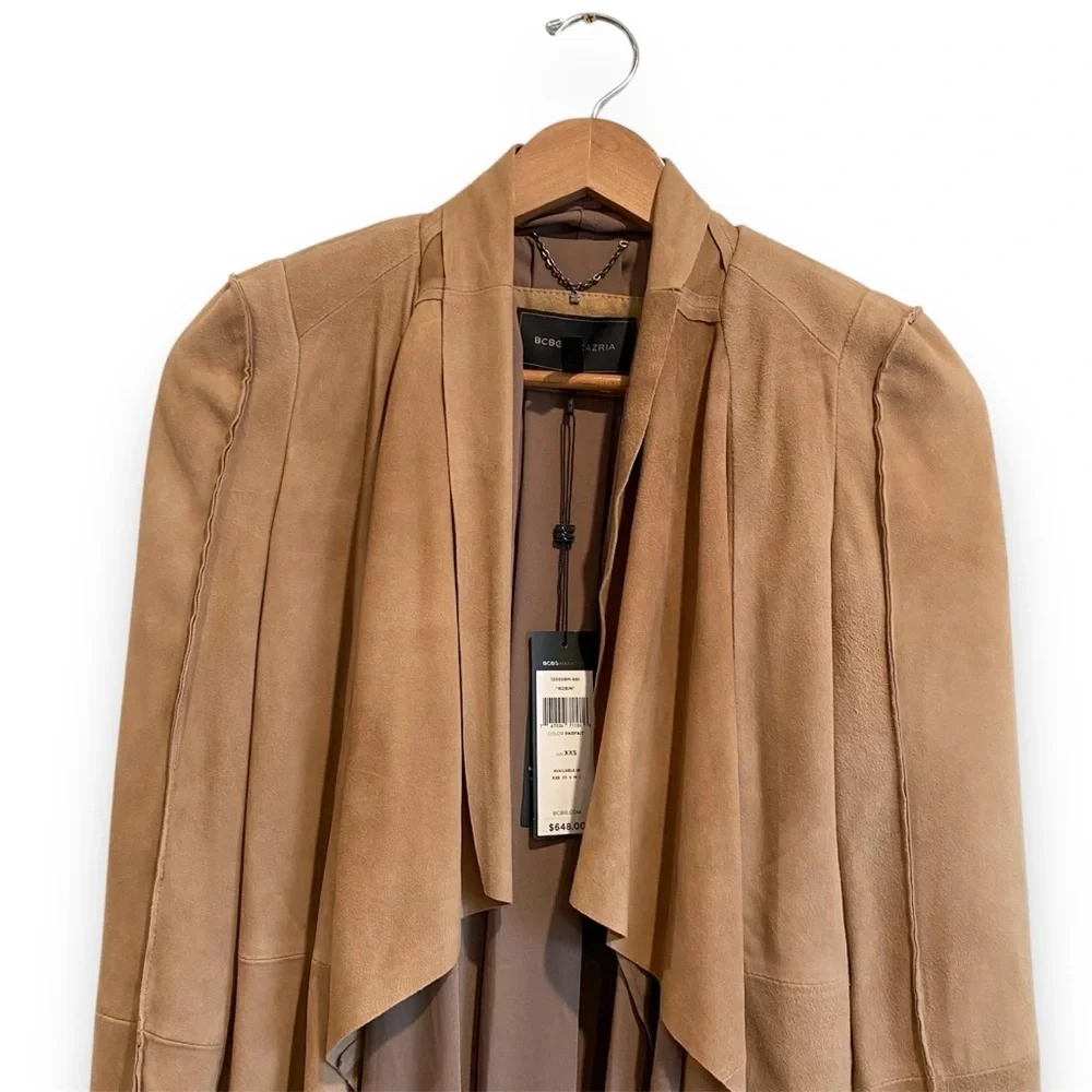 $648‼️BCBGMaxAzria Suede Camel Draped Blazer Coat Jacket Minimalist Quite Luxury - Picture 8 of 12